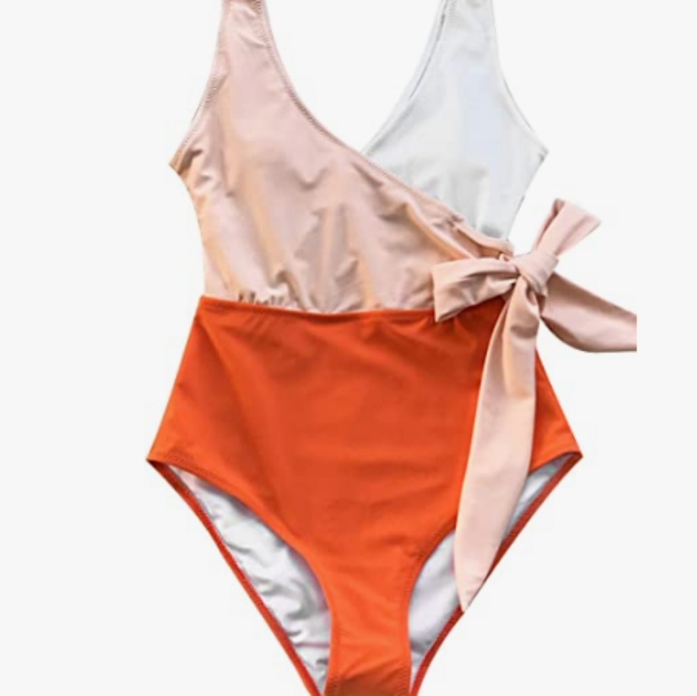 Women's 1 piece V neck wrap color block tie side swimsuit size Medium